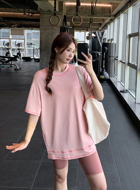 显瘦宽松大码胖mm女健身服瑜伽服上衣速干跑步纯色短袖运动T恤衫
