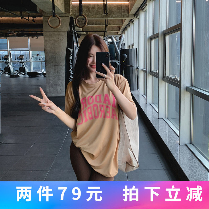 宽松大码胖mm女健身服瑜伽服上衣速干跑步长款字母短袖运动T恤衫