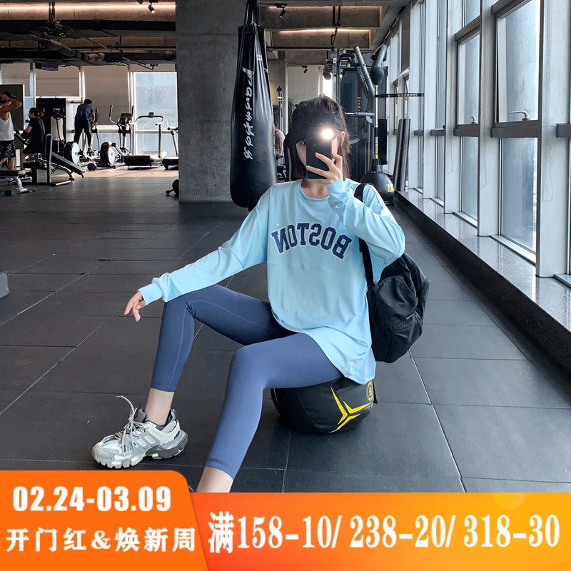 健身服女大码T恤运动服瑜伽上衣宽松户外晨跑步速干外穿字母罩衫