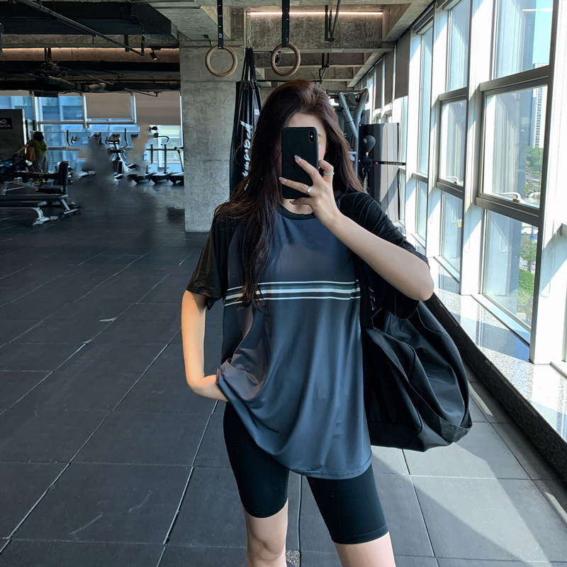 韩版大码宽松健身服女瑜伽服跑步速干T恤网红ins拼袖运动上衣罩衫