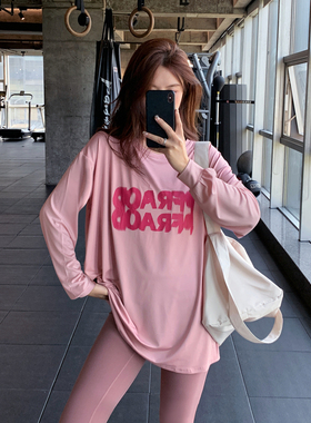 显瘦宽松大码胖mm女健身服瑜伽服上衣速干跑步长款字母运动T恤衫
