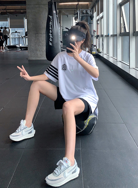 显瘦宽松健身服大码胖mm中长款运动t恤女瑜伽跑步速干衣罩衫上衣