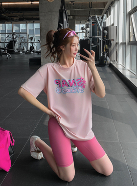 宽松显瘦健身服大码胖mm跑步瑜伽上衣速干印花运动T恤女长款罩衫