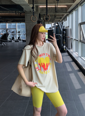 宽松显瘦健身服大码胖mm跑步瑜伽上衣速干印花运动T恤女长款罩衫
