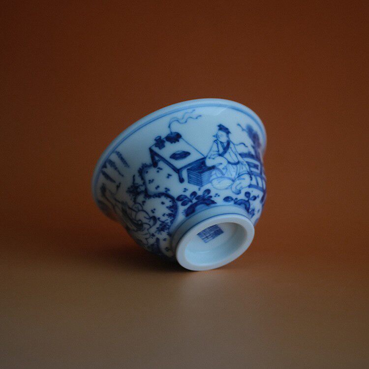 葭元里茶集  無塵格古慕明青花系列灵芝杯/秋葵/花卉茶器压手杯
