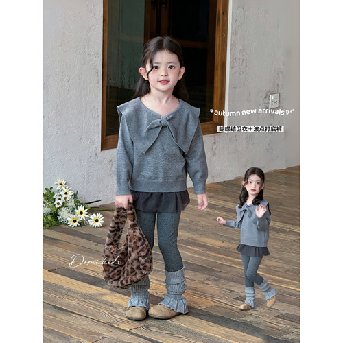 Domikids女童秋季毛衣2026新款灰色蝴蝶结针织衫卫衣打底裤套装