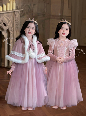 Domi女童秋冬乐佩公主裙粉色高端泡泡袖连衣裙小女孩生日表演礼服