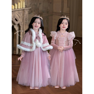 Domi女童秋冬乐佩公主裙粉色高端泡泡袖连衣裙小女孩生日表演礼服