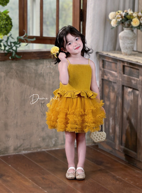 Domikids女童夏日黄色棉麻小吊带＋网纱拼接花边半裙公主裙两件套