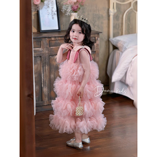 Domikids女童春夏粉色公主裙高级感蛋糕蓬蓬裙生日礼服儿童连衣裙