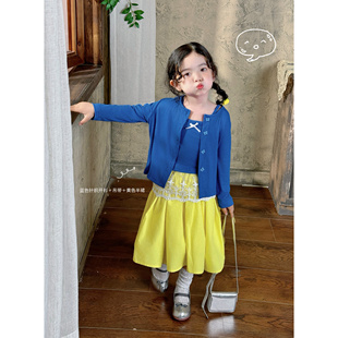 Domikids女童韩版针织上衣两件套女宝蓝色吊带外套黄色裙子三件套