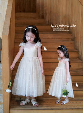 Domikids女童夏季新款刺绣羽毛连衣裙儿童吊带网纱公主裙生日礼服