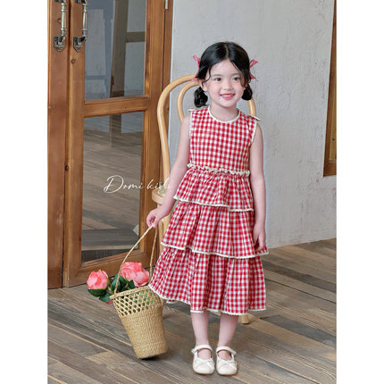 Domikids女童连衣裙2025年新款夏季红色格子背心裙女宝宝棉布裙子