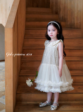 Domikids女童高级定制香槟色公主裙宝宝网纱气质连衣裙生日礼服裙