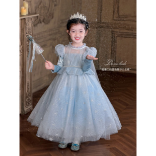 Domikids女童蓝色艾莎公主裙小女孩高端洋气走秀生日主持人小礼服