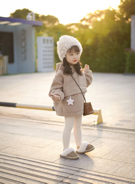 Domikids女童秋装泰迪复合绒连帽外套儿童韩版加厚羊羔毛外出服