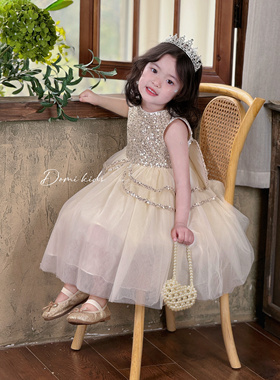 Domikids女童香槟色无袖亮片网纱裙宝宝精灵翅膀公主裙生日礼服裙