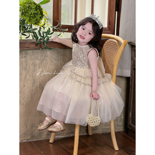 亮片网纱裙宝宝精灵翅膀公主裙生日礼服裙 Domikids女童香槟色无袖