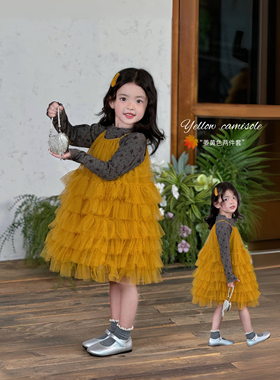 DomiKids女童连衣裙2025秋季新款姜黄色吊带蛋糕裙＋灰色打底衫