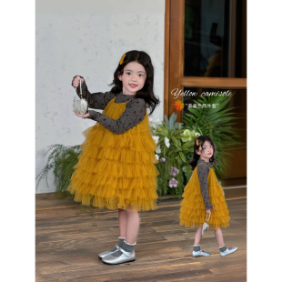 DomiKids女童连衣裙2025秋季新款姜黄色吊带蛋糕裙+灰色打底衫
