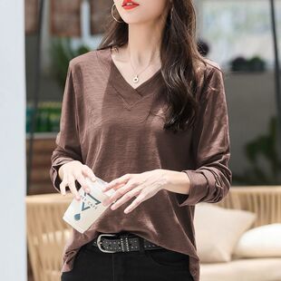 宽松v领洋气上衣女外穿打底衫 韩版 潮 t恤女2025新款 纯棉竹节棉长袖