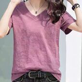 体恤衫 100%纯棉竹节棉短袖 V领上衣 宽松大码 半袖 t恤女2024新款 韩版
