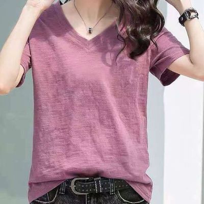 100%纯棉竹节棉短袖t恤女2024新款韩版宽松大码半袖体恤衫V领上衣