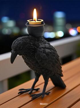 跨境万圣节黑色乌鸦烛台摆件鬼节布置装饰道具树脂工艺品烛台摆件