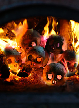 跨境新品火烧骷髅套二陶瓷防火火盆骷髅万圣节室外和室内壁炉装饰