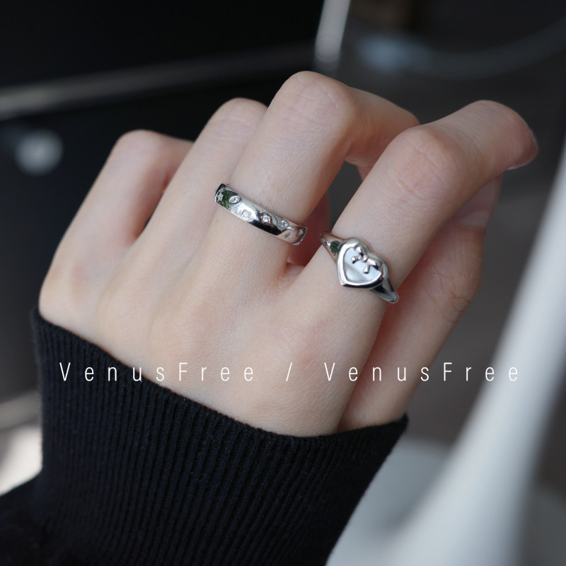 925纯银天然母贝壳白色爱心蝴蝶结戒指不规则小钻单叠戴开口简约