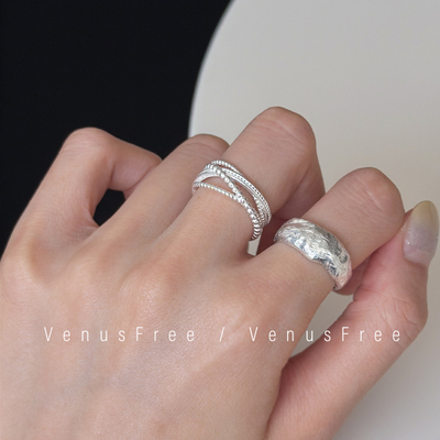 925纯银韩国进口异形纹理加粗厚戒指叠戴交叉珠线条银饰日常简约