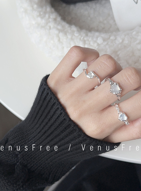 清透宝石925纯银天然玛瑙爱心链条异形设计小众戒指环单叠戴简约