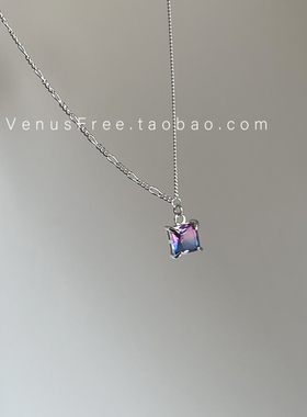 VenusFree蓝色.925纯银渐变蓝宝石/紫色不对称锁骨链项链简约