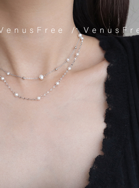 925纯银珍珠法式叠戴锁骨链项链