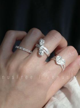 叠戴超甜925纯银纹理大蝴蝶结少女高级感哑光爱心珠珠戒指环简约