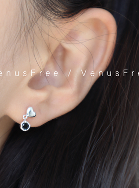 韩国精致925纯银黑色小钻吊坠爱心设计感耳钉防敏不褪色银饰简约