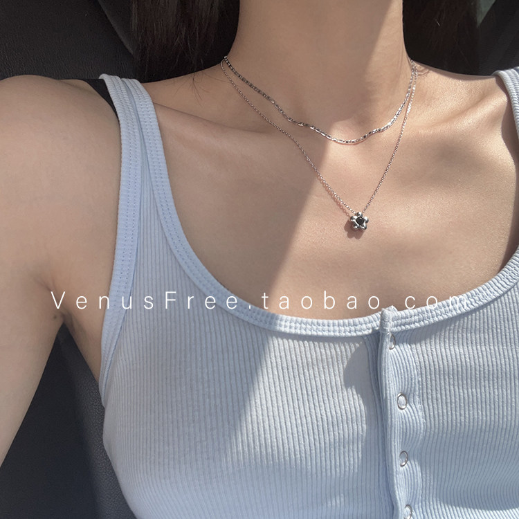 黑色小花和猪鼻闪裸链！设计感925纯银锁骨项链甜酷叠戴简约韩国