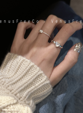 会发光2选韩国绝美925纯银爱心白宝石细麻花开口戒指叠戴日常简约