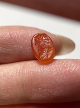 萨珊王朝玛瑙人物精美印章印珠9.2mm 手工錾刻大磨损戒指戒面1985