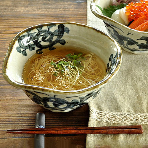 日本原装日式手工盘粗陶唐草碗