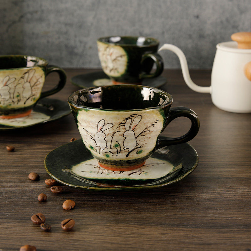 日本进口濑户烧手绘复古陶瓷杯兔子咖啡杯织部茶杯月见兔子情侣杯