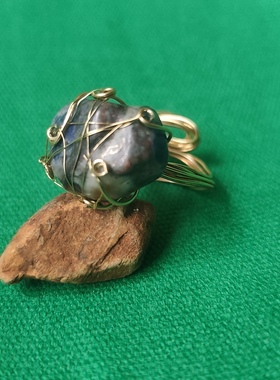 原创小众设计天然石黄铜丝手工缠绕孤品特色开口戒指指环