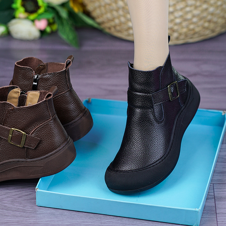 真皮平底软底软面羊毛保暖棉靴女