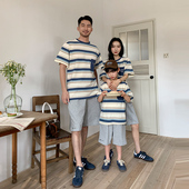 T恤父子母女装 夏季 复古条纹短袖 一家三口美式 宽松纯棉上衣 亲子装