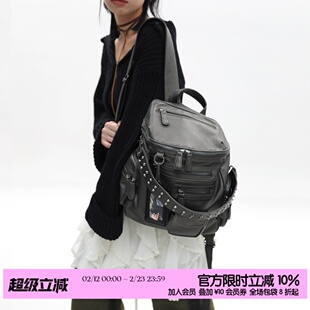 简着 /原创 里斯林肯古锈绿多口袋拉链辣妹铆钉机车Y2K单肩双肩包