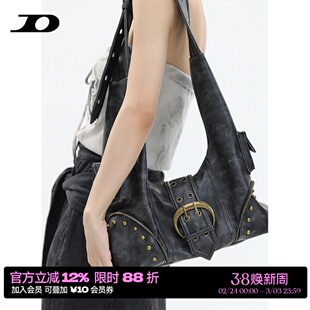 简着 /原创 西部洛克 沙漠废土风复古机车包擦色黑辣妹铆钉斜挎包