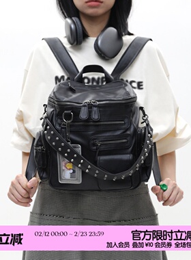 简着 /原创 小号里斯林肯高级黑多口袋辣妹铆钉机车Y2K单肩双肩包