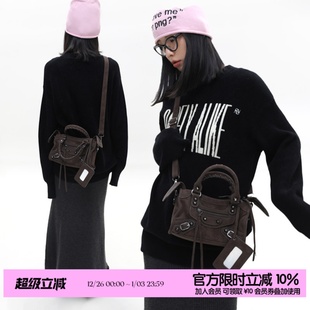 简着 限定麂皮绒·棕色巴黎复古机车辣妹迷你小方包女单肩斜挎包