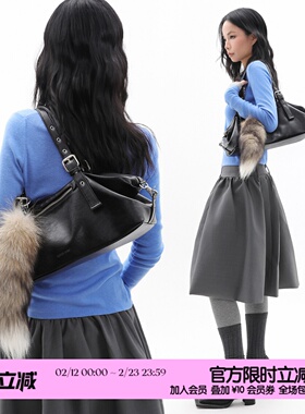 简着25AW 原创 黑色 Balata软皮单肩腋下包 可调节波士顿法棍包