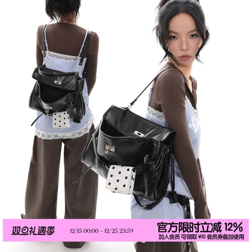 简着25AW 原创 黑色波点 凯里尼尼双肩背包腋下斜挎3用凯莉公文包